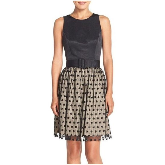 Eliza J Sequin Polka Dot Fit & Flare Dress, Size 4 - Black - Picture 1 of 16